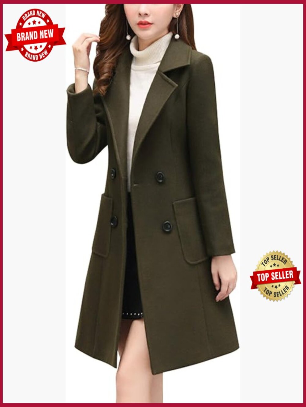 Elegant Notched Collar Double Breasted Wool Blend Overcoat, Long Sleeve Peacoat